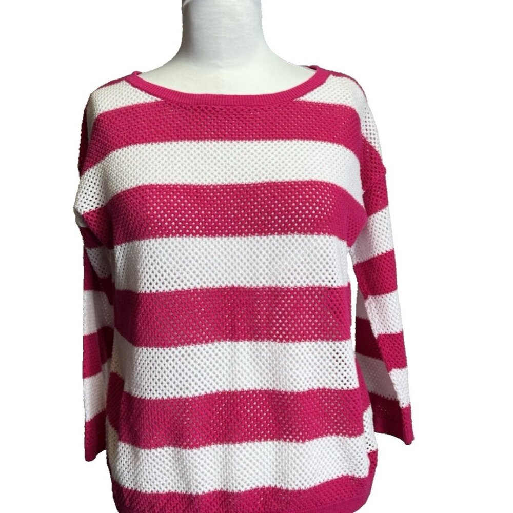 JNY Jones New York Sport Sweater Pink & White Stripe Womens Size‎ Petitie Medium